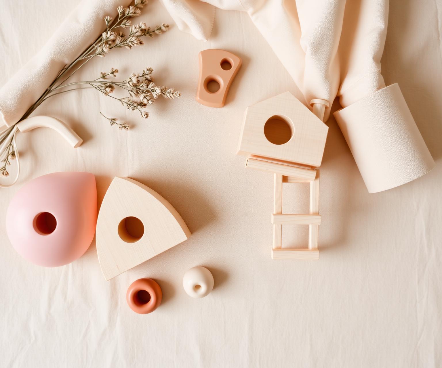 Handcrafted Montessori wooden toys arranged on linen